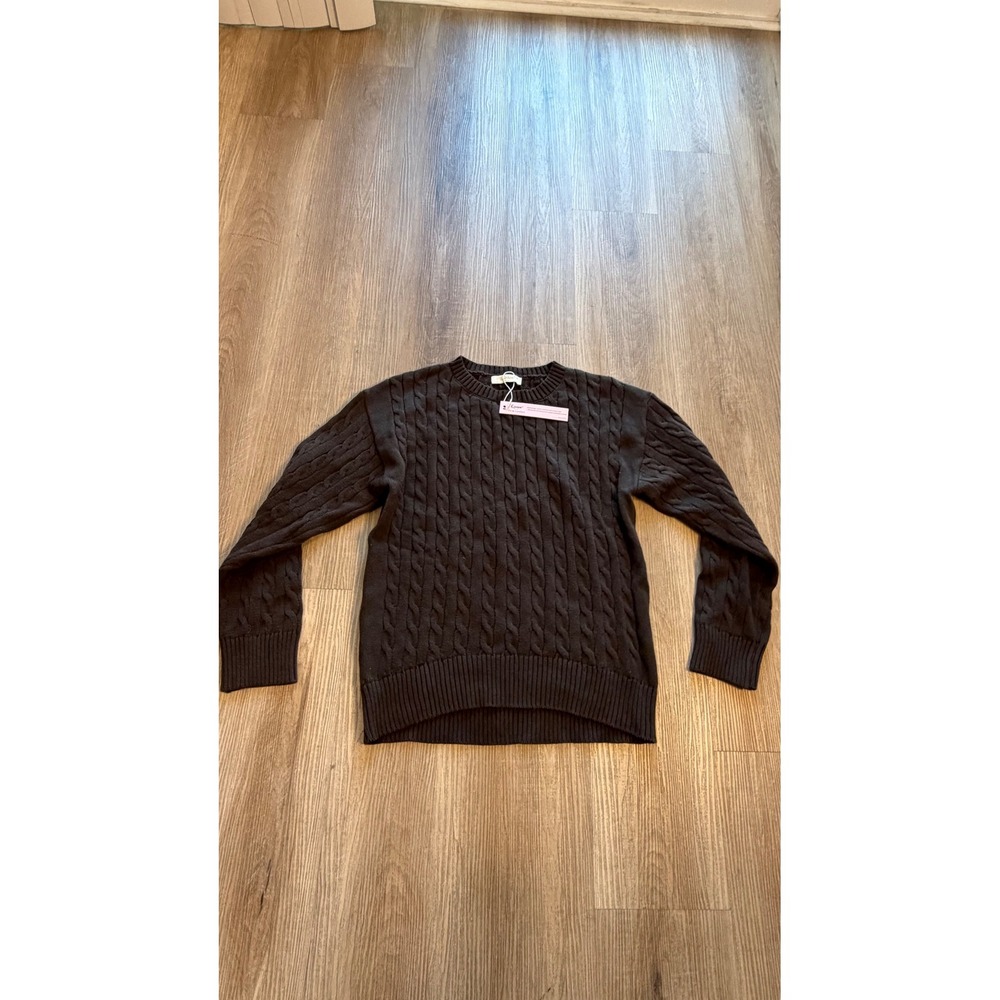 Qinsen Brown Cable Knit Sweater 100% Cotton Crew Neck Pullovers women M NEW